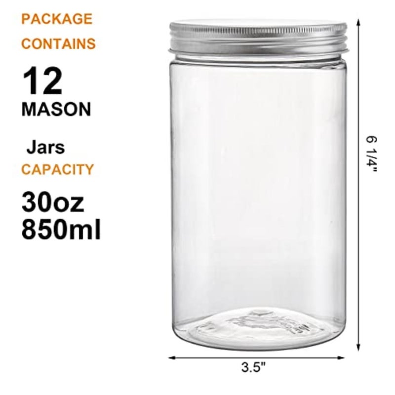 12 Pack Clear Round Plastic Jars Bottles Containers with Silver Ribbed Lids, 30oz Straight Cylinders Storage Canisters for Food and Home Storage - Image 3