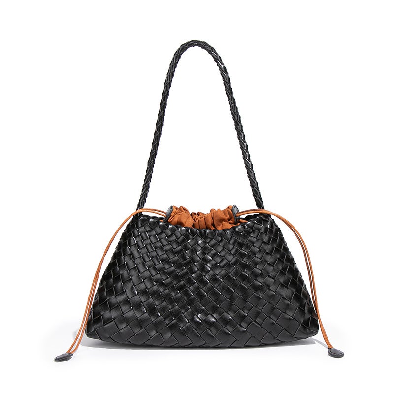 Soft PU Woven Bucket Bag with Drawstring Closure for Women - Image 1