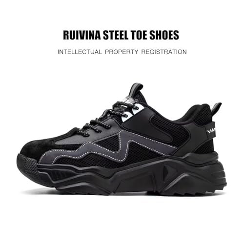 Ruivina Steel Toe Shoes for Women Safety Shoes Wide fit Indestructible Work Sneakers Men Lightweight Slip on Resistant Breathable Puncture Proof Composite Toe Shoe Black 40 - Image 4