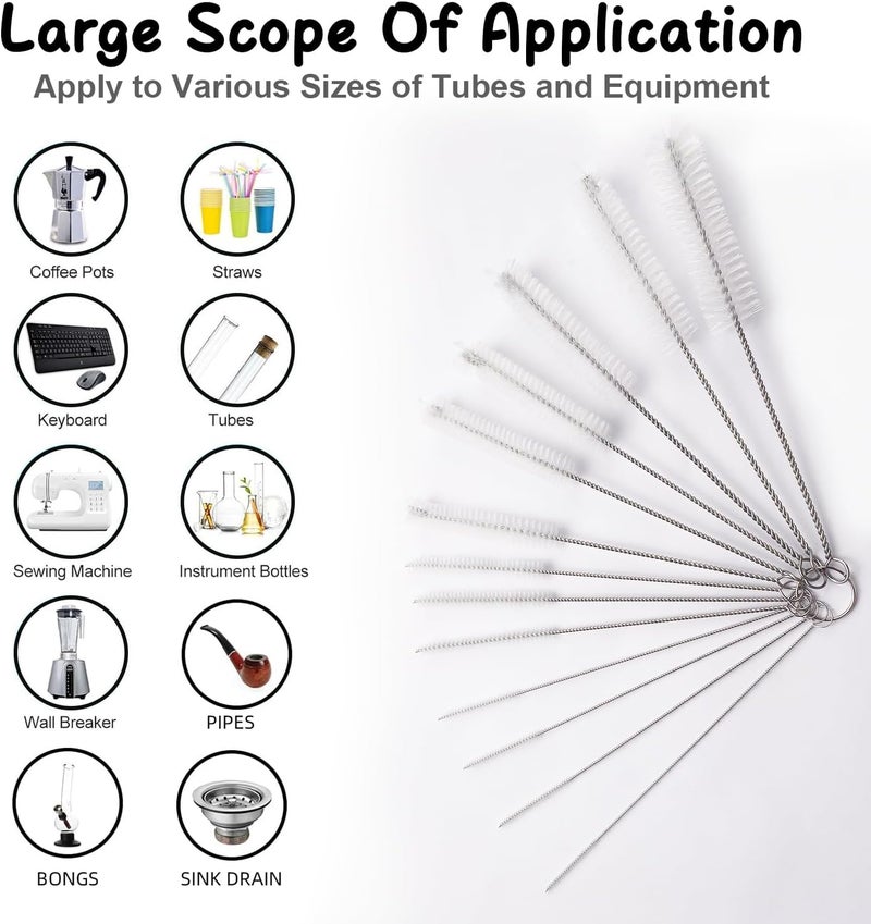Lonimia 13 Pcs Bottle Cleaning Brushes, Nylon Tube Brush Set with Hook, Kettle Spout Brush, Straw Brush, Coffee Pot Brush, clean Keyboard and Other Hard to Access Corners (White) - Image 3