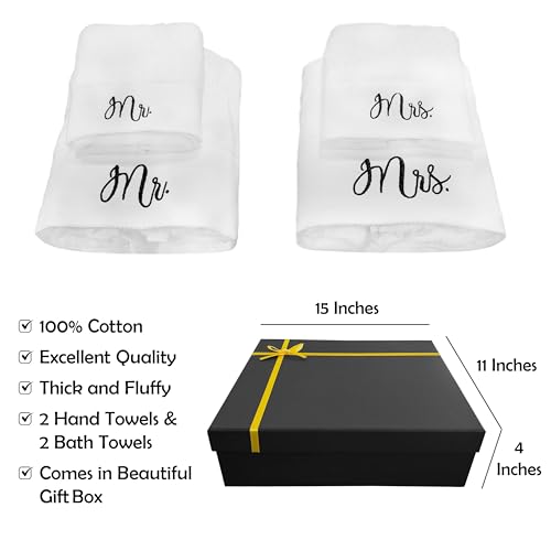 RUBBER BOND Mr and Mrs Towels Set with Gift Box - 4 Pack Bath and Hand Towels for Couples - Hotel, Spa & Bathroom Cotton Towels for The Couples (Black Embroidery) - Image 2