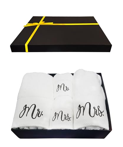 RUBBER BOND Mr and Mrs Towels Set with Gift Box - 4 Pack Bath and Hand Towels for Couples - Hotel, Spa & Bathroom Cotton Towels for The Couples (Black Embroidery) - Image 1