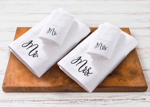 RUBBER BOND Mr and Mrs Towels Set with Gift Box - 4 Pack Bath and Hand Towels for Couples - Hotel, Spa & Bathroom Cotton Towels for The Couples (Black Embroidery) - Image 4