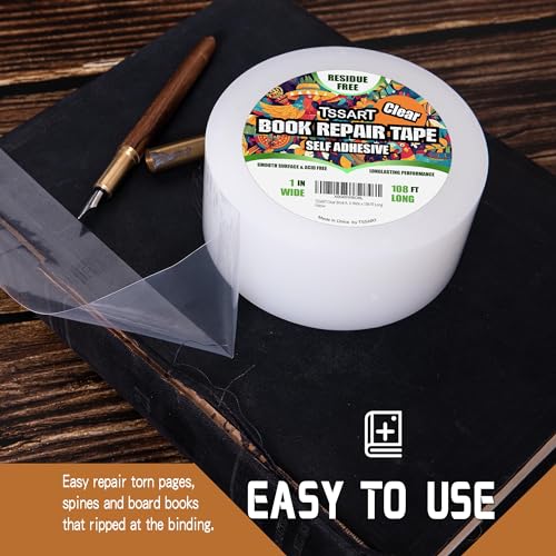 TSSART Clear Book Repair Tape - Self Adhesive Stretchable Book Tape, Essential Clear Repair Tape for Reinforcing Protecting, and Covering Mending Books Old Books - 1 Inch Wide x 108 FT Long - Image 5