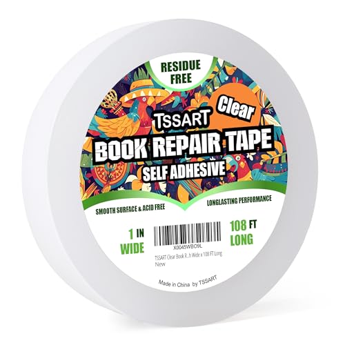 TSSART Clear Book Repair Tape - Self Adhesive Stretchable Book Tape, Essential Clear Repair Tape for Reinforcing Protecting, and Covering Mending Books Old Books - 1 Inch Wide x 108 FT Long - Image 1