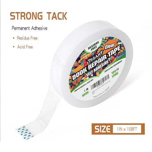 TSSART Clear Book Repair Tape - Self Adhesive Stretchable Book Tape, Essential Clear Repair Tape for Reinforcing Protecting, and Covering Mending Books Old Books - 1 Inch Wide x 108 FT Long - Image 2