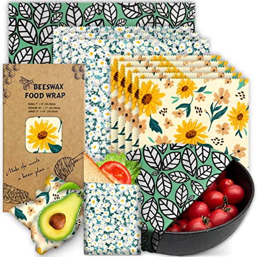 PICcircuit Beeswax Wrap, 9 Pack Eco-Friendly Beeswax Wraps for Food Storage, Organic, Sustainable, Beeswax Food Wraps, Zero Waste Reusable Food Wrap Beeswax Paper 1L, 3M, 5S Plants Pattern Sandwich Wrappers - Image 1
