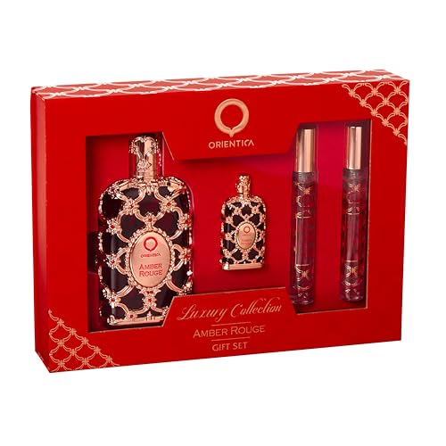 Orientica Amber Rouge Eau De Parfum Woody Amber Saffron Praline Jasmine Orange Oak Moss Seaweed Arabic Perfume for Men Women 4 Pc Gift Set 27oz 75ml 2 X 10ml spray - Image 1
