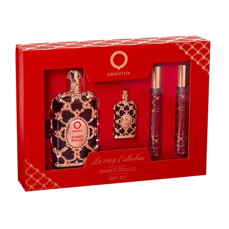 Orientica Amber Rouge Eau De Parfum Woody Amber Saffron Praline Jasmine Orange Oak Moss Seaweed Arabic Perfume for Men Women 4 Pc Gift Set 27oz 75ml 2 X 10ml spray - Image 2