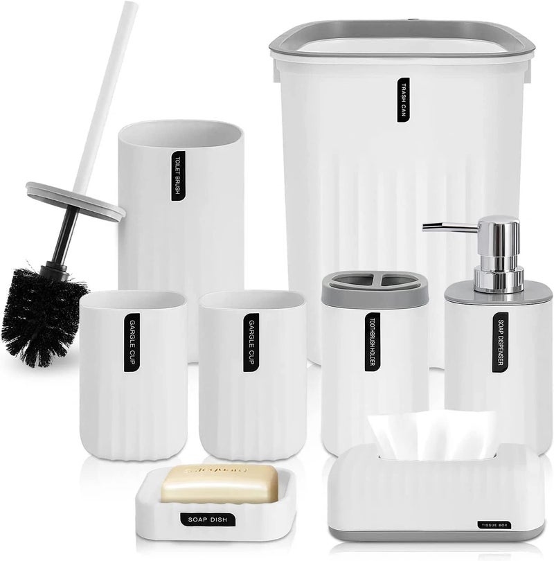 HOME CUBE 8Pcs Bathroom Accessories Set, Soap Dish, Soap Dispenser, Toothbrush Holder, 2 Mouth Wash Cup, Tissue Box, Dustbin, Toilet Brush Holder, Complete Bath Organiser Set for Bathroom (White) - Image 1