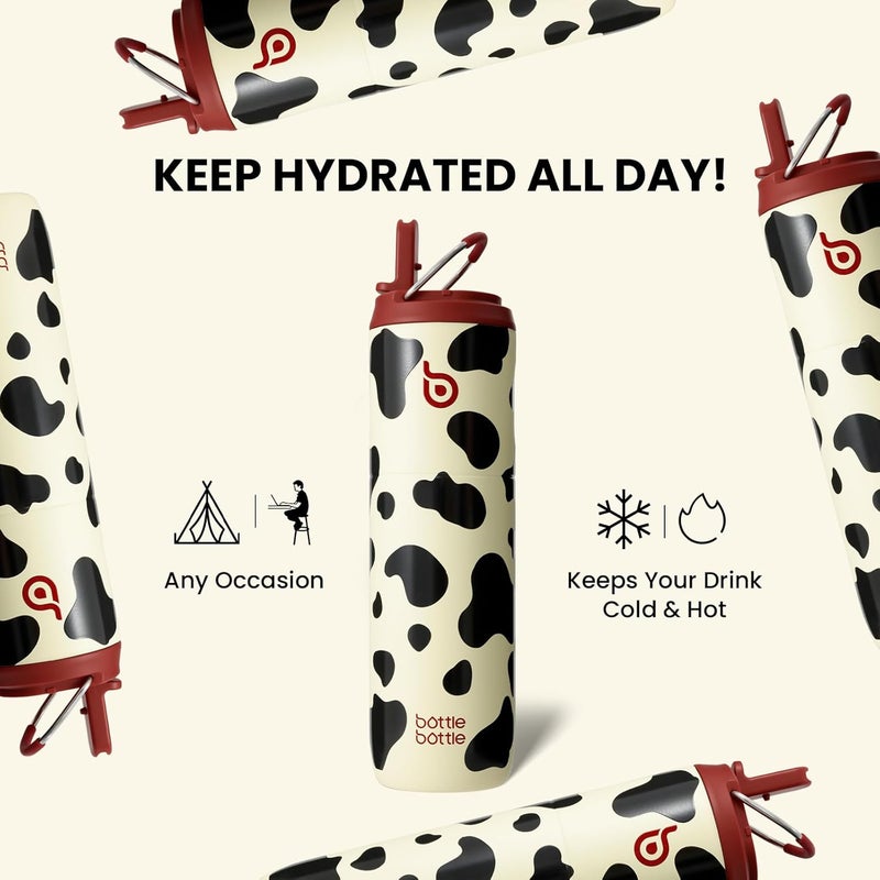 bottle bottle Insulated Stainless Steel Water Bottle 24oz capacity. Includes Straw, Lid and Handle for Sports, Travel & Gym. Maintains 24 hour cold liquids and up to 12 hours hot. Double-Wall Vacuum Metal, Leak Proof, BPA-Free - Cow Pattern - Image 5
