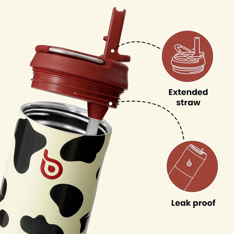 bottle bottle Insulated Stainless Steel Water Bottle 24oz capacity. Includes Straw, Lid and Handle for Sports, Travel & Gym. Maintains 24 hour cold liquids and up to 12 hours hot. Double-Wall Vacuum Metal, Leak Proof, BPA-Free - Cow Pattern - Image 2
