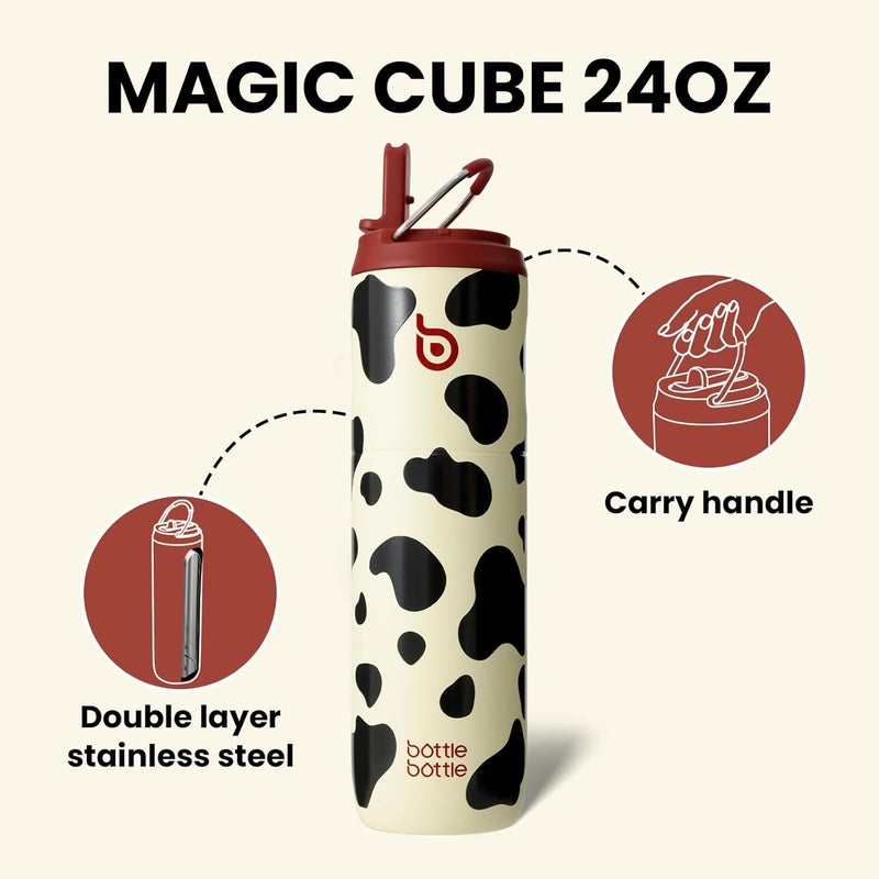 bottle bottle Insulated Stainless Steel Water Bottle 24oz capacity. Includes Straw, Lid and Handle for Sports, Travel & Gym. Maintains 24 hour cold liquids and up to 12 hours hot. Double-Wall Vacuum Metal, Leak Proof, BPA-Free - Cow Pattern - Image 4