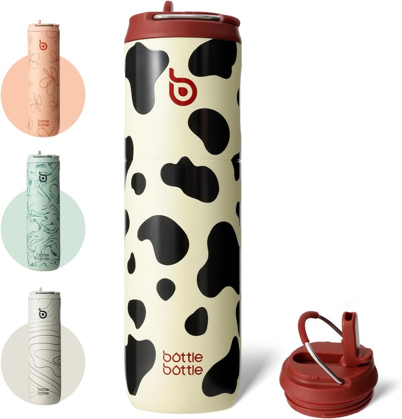 bottle bottle Insulated Stainless Steel Water Bottle 24oz capacity. Includes Straw, Lid and Handle for Sports, Travel & Gym. Maintains 24 hour cold liquids and up to 12 hours hot. Double-Wall Vacuum Metal, Leak Proof, BPA-Free - Cow Pattern - Image 1