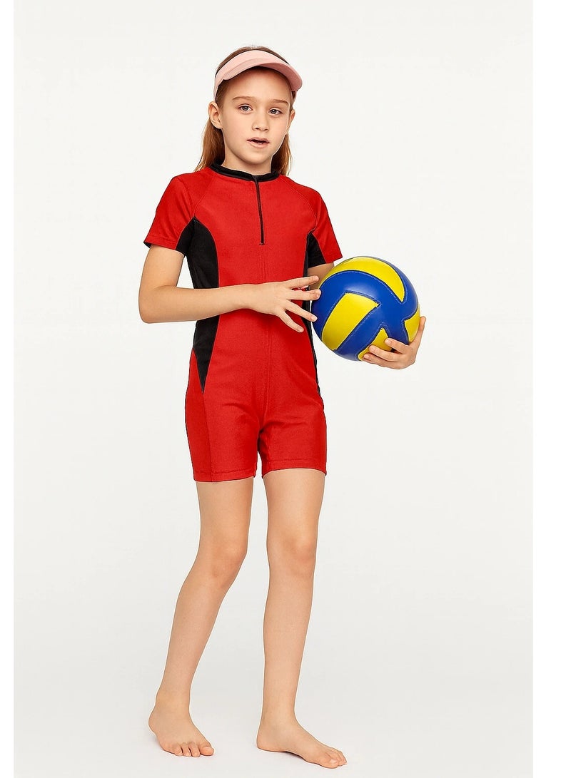 Teen Girls Tropical Plant Print One-Piece Swimsuit with Shorts, Shoulder Zipper and Half Front Opening for Everyday Use