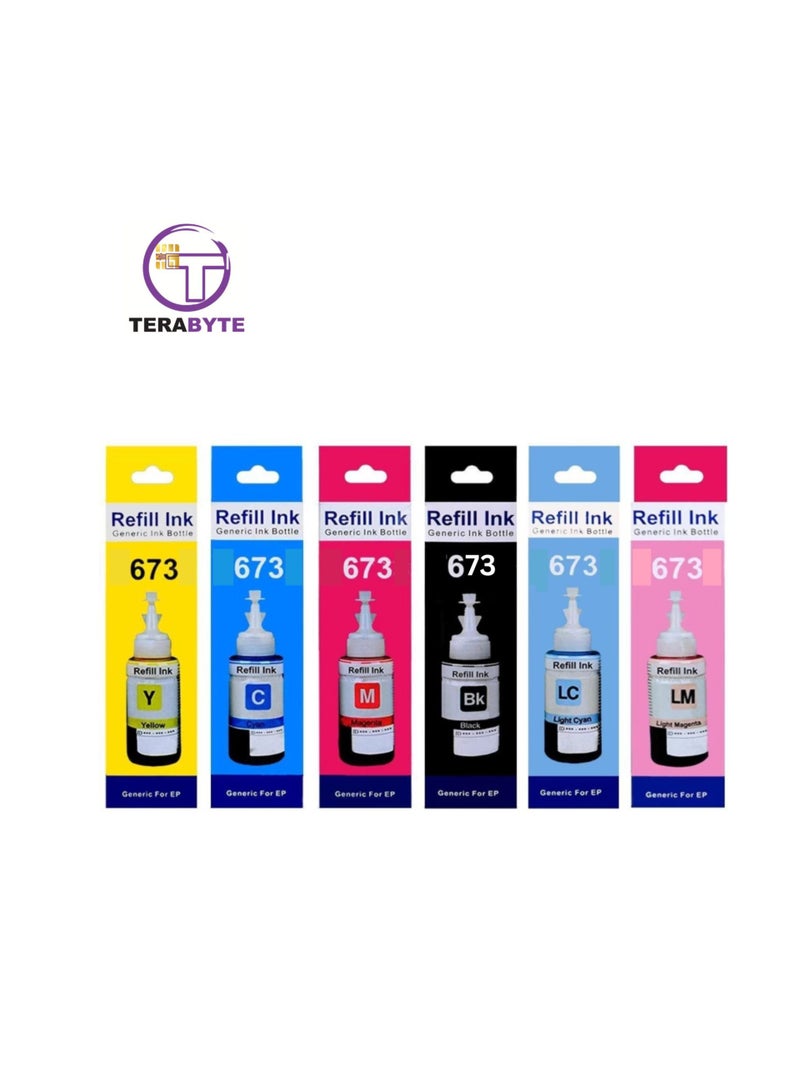 Terabyte 673 INK SET  for EcoTank for EPSON Pack of 6 (M C Y LC L,M BK) for Printer L800 L805 L810 L850 L1800 - Image 1
