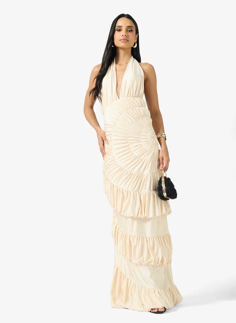 Ginger Boutique  Halter Neck Ruched Frill Detail Evening Dress for Women | Best Price UAE