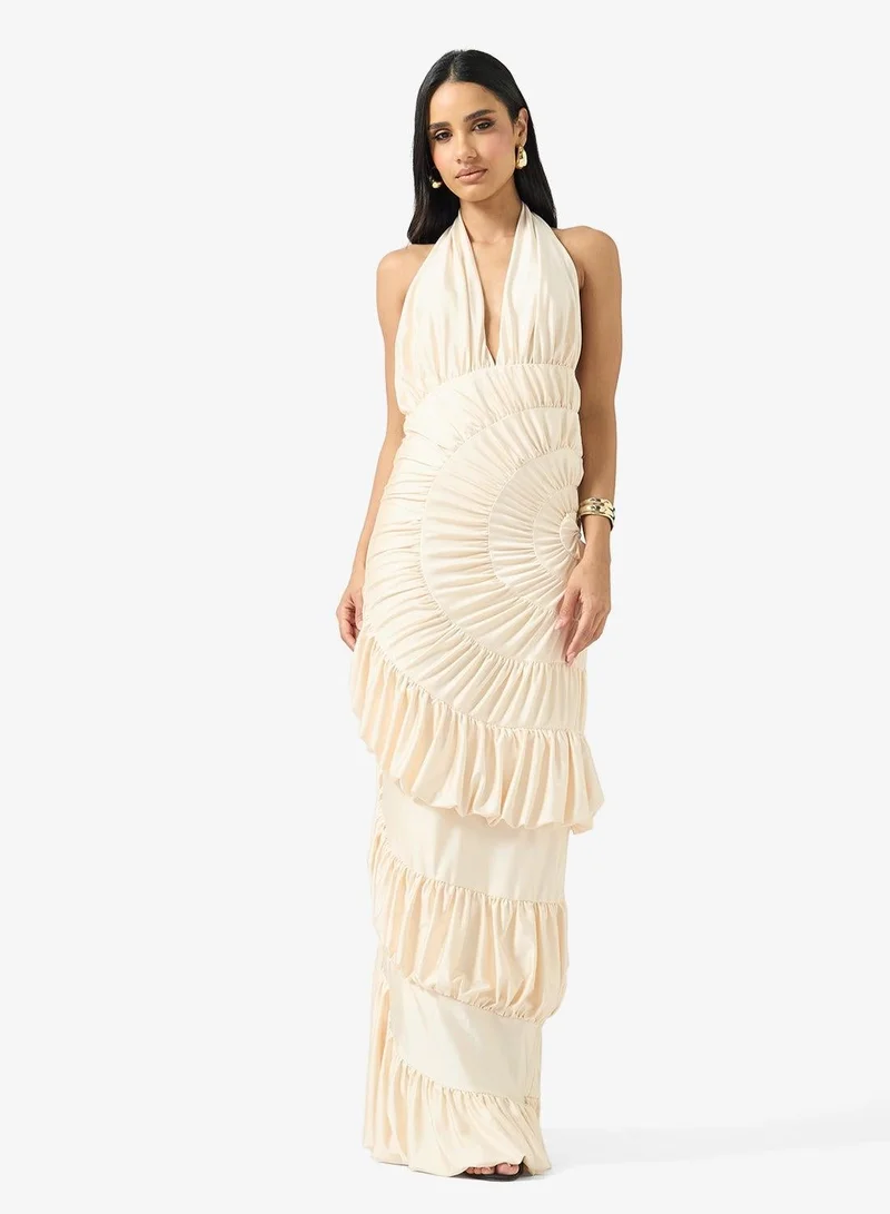 Ginger Boutique Halter Neck Ruched Frill Detail Evening Dress