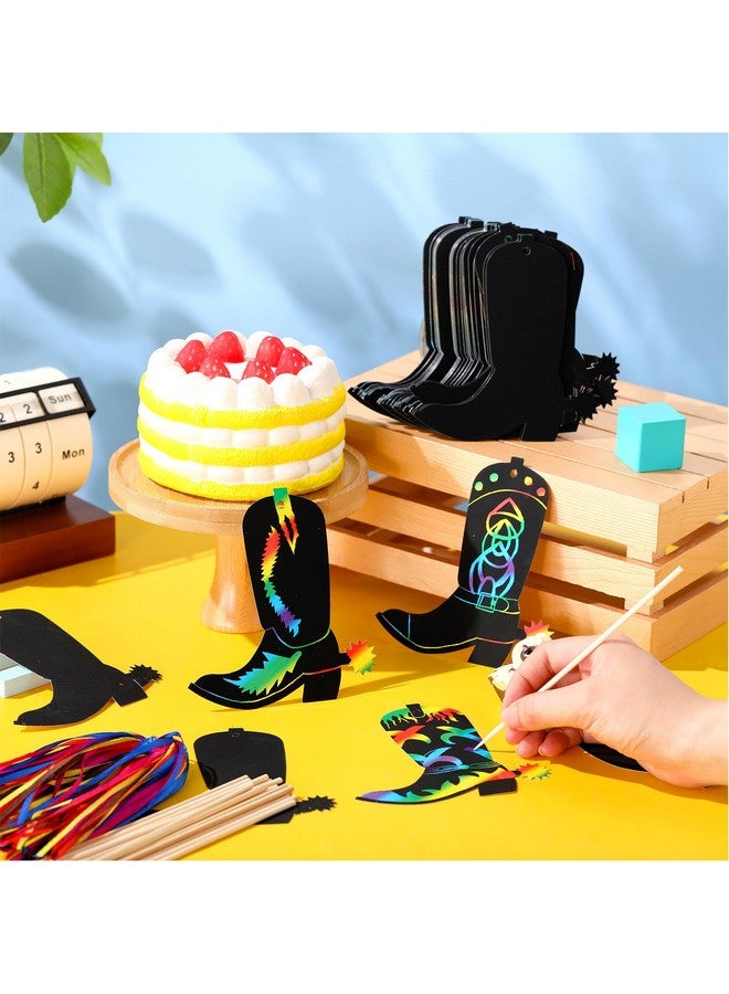 Hungdao 80 Pcs Western Cowboy Boot Scratch Cards for Boys Cowboy Crafts Rainbow Cowboy Scratch Paper Cowboy Party Favors for Western Theme Birthday Party Classroom DIY Activities - Image 3