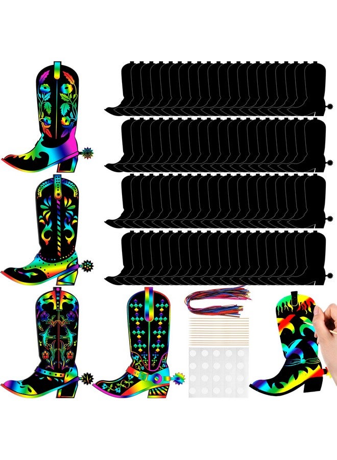 Hungdao 80 Pcs Western Cowboy Boot Scratch Cards for Boys Cowboy Crafts Rainbow Cowboy Scratch Paper Cowboy Party Favors for Western Theme Birthday Party Classroom DIY Activities - Image 1