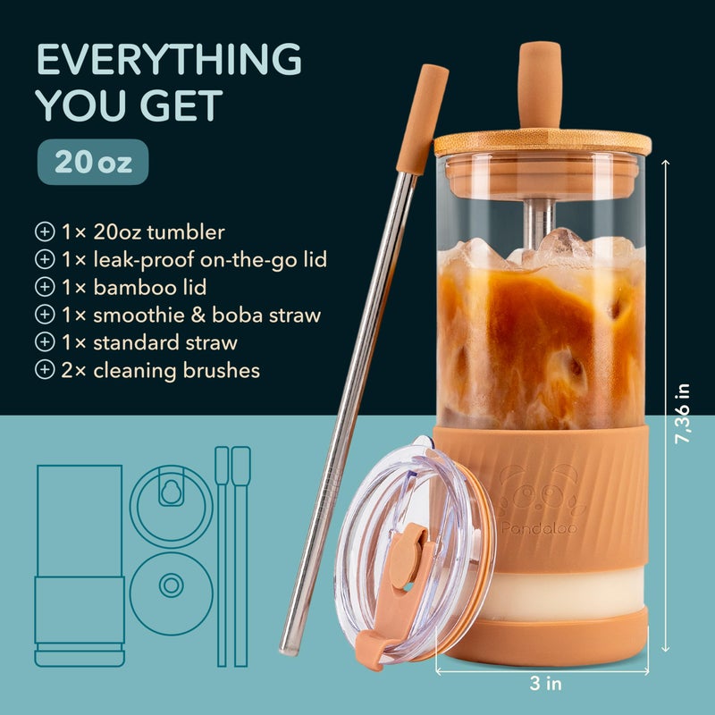 PandalooÂ® Glass Cups With Lids and Straws -20 Fl Oz- Perfect Size Iced Coffee Cup - Smoothie Cup With Bamboo Lid and On the go Lid - Glass Tumbler With Straw (1 Count (Pack of 1), Amber Sand) - Image 2