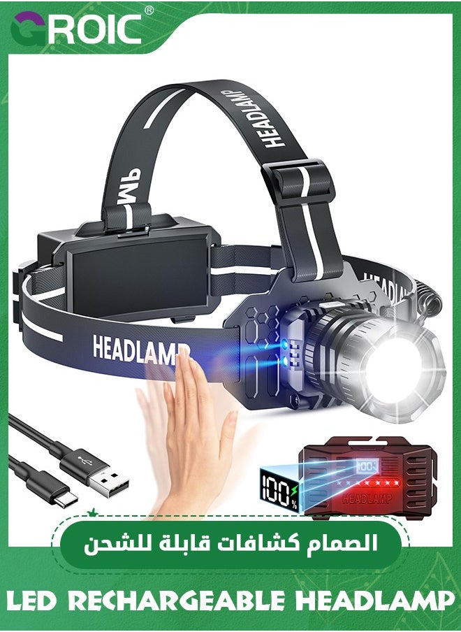 GROIC LED Rechargeable Headlamp, 150000LM Head Lamp Super Bright with 9 Modes & IPX6 Waterproof Zoomable Head Lights for Forehead, 90° Adjustable Headlamps for Camping Hiking Hunting Fishing Car Repair  - Image 1