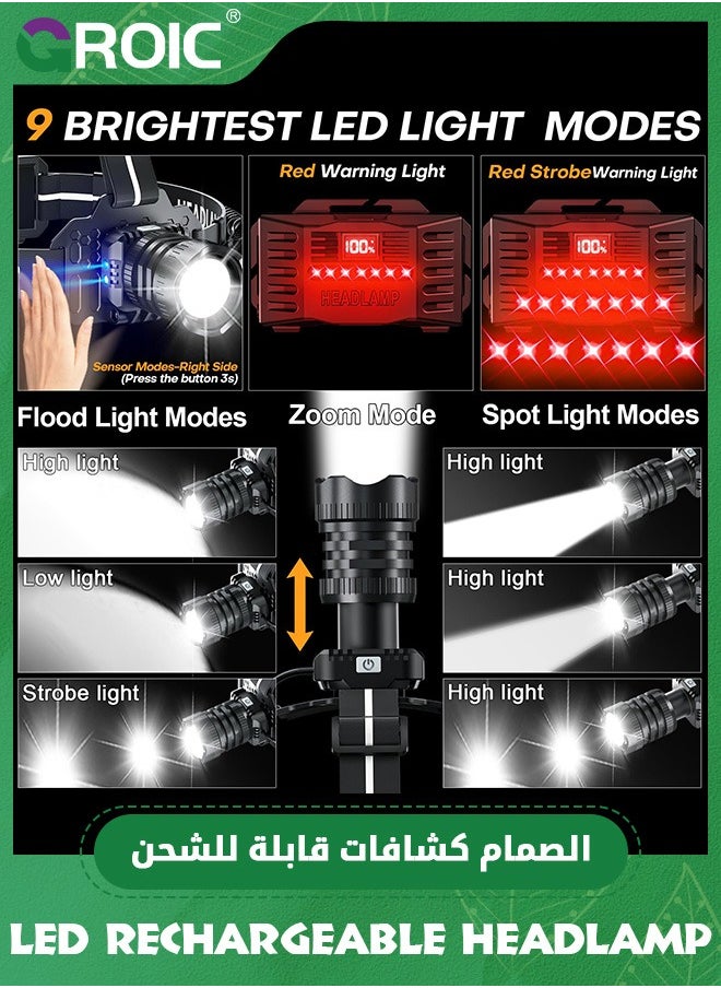 GROIC LED Rechargeable Headlamp, 150000LM Head Lamp Super Bright with 9 Modes & IPX6 Waterproof Zoomable Head Lights for Forehead, 90° Adjustable Headlamps for Camping Hiking Hunting Fishing Car Repair  - Image 3