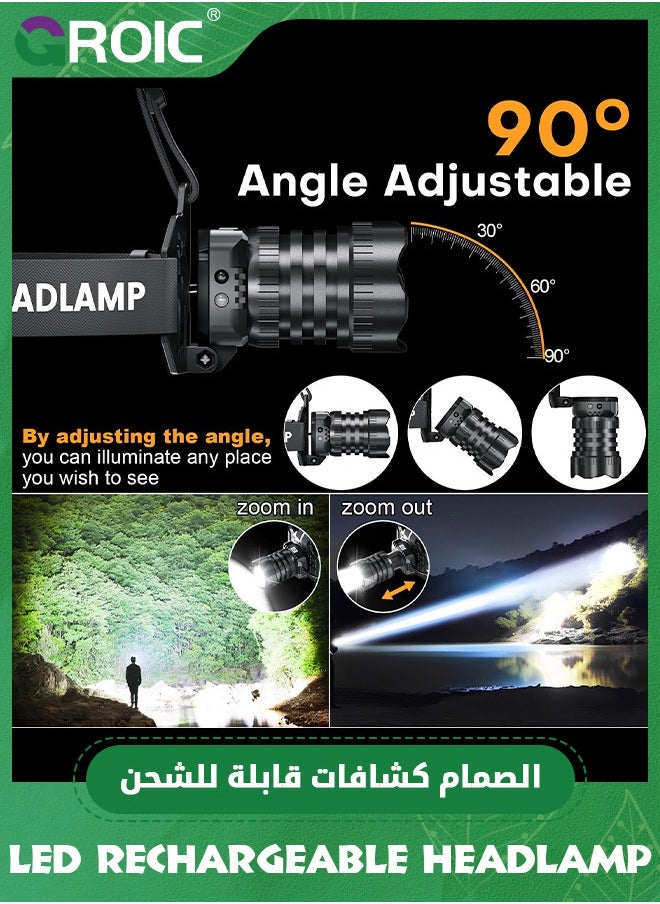 GROIC LED Rechargeable Headlamp, 150000LM Head Lamp Super Bright with 9 Modes & IPX6 Waterproof Zoomable Head Lights for Forehead, 90° Adjustable Headlamps for Camping Hiking Hunting Fishing Car Repair  - Image 5