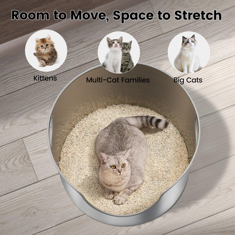 FOPUNB Stainless Steel Litter Box, Metal Litter Box, Integrated Round, XL 12'' High Side, Odor Control, Easy to Clean, Durable, Includes Scoop for Big Cats & Multi-Cat Households - Image 3