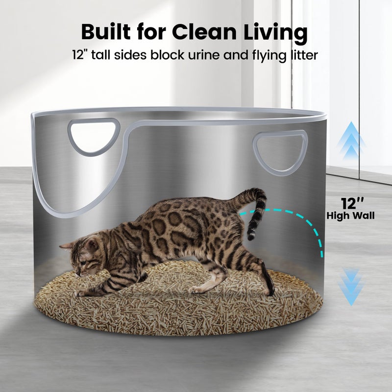 FOPUNB Stainless Steel Litter Box, Metal Litter Box, Integrated Round, XL 12'' High Side, Odor Control, Easy to Clean, Durable, Includes Scoop for Big Cats & Multi-Cat Households - Image 4