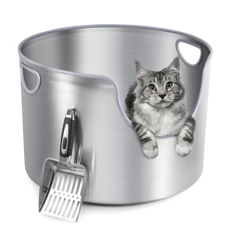 FOPUNB Stainless Steel Litter Box, Metal Litter Box, Integrated Round, XL 12'' High Side, Odor Control, Easy to Clean, Durable, Includes Scoop for Big Cats & Multi-Cat Households - Image 1