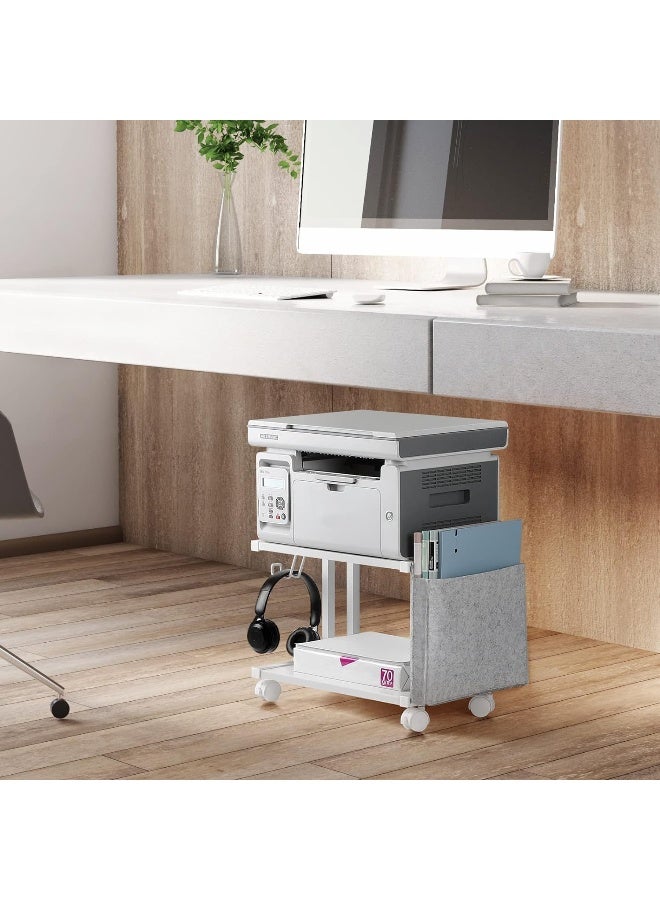BTY Printer Stand Under Desk Printer Table With Wheels 2 Tier Small Printer Cart With Storage Bag Desktop White Printer Stands For Home Office Fax Machine Scanner Files (White)  - Image 4