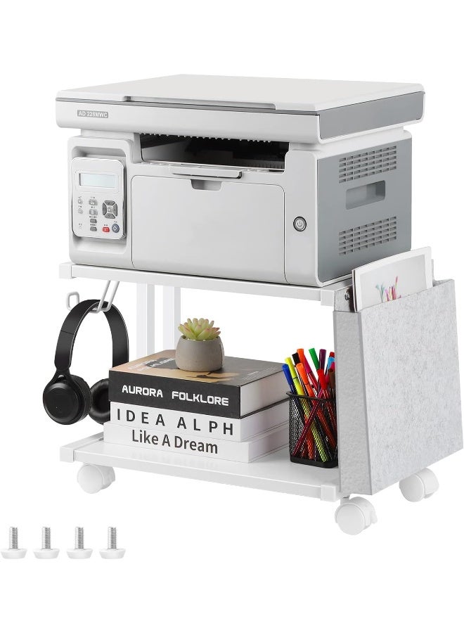 BTY Printer Stand Under Desk Printer Table With Wheels 2 Tier Small Printer Cart With Storage Bag Desktop White Printer Stands For Home Office Fax Machine Scanner Files (White)  - Image 5