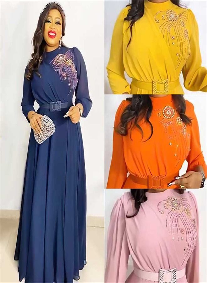 Loquat Chiffon Scalded Beads Long Sleeve Belt Dress Abaya Blue 