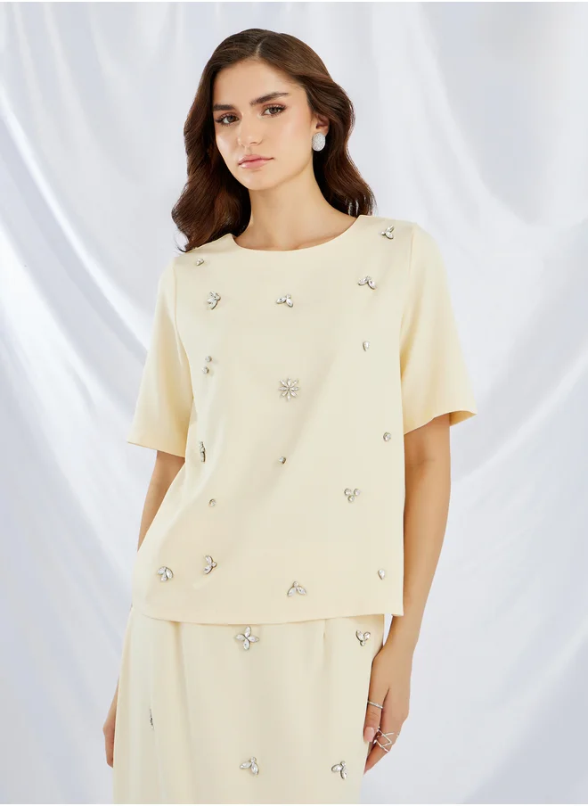 Styli Embellished Short Sleeve Top and Skirt Co-Ords