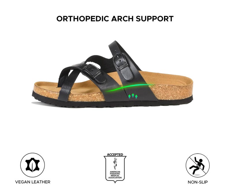 AEROTHOTIC Recovery Slides for Women Comfortable Memory Foam Cork Footbed Cute Faux Leather Adjustable Buckle Straps Walking Travel Outdoor women sandals (Celestis Black, Size 9) - Image 5