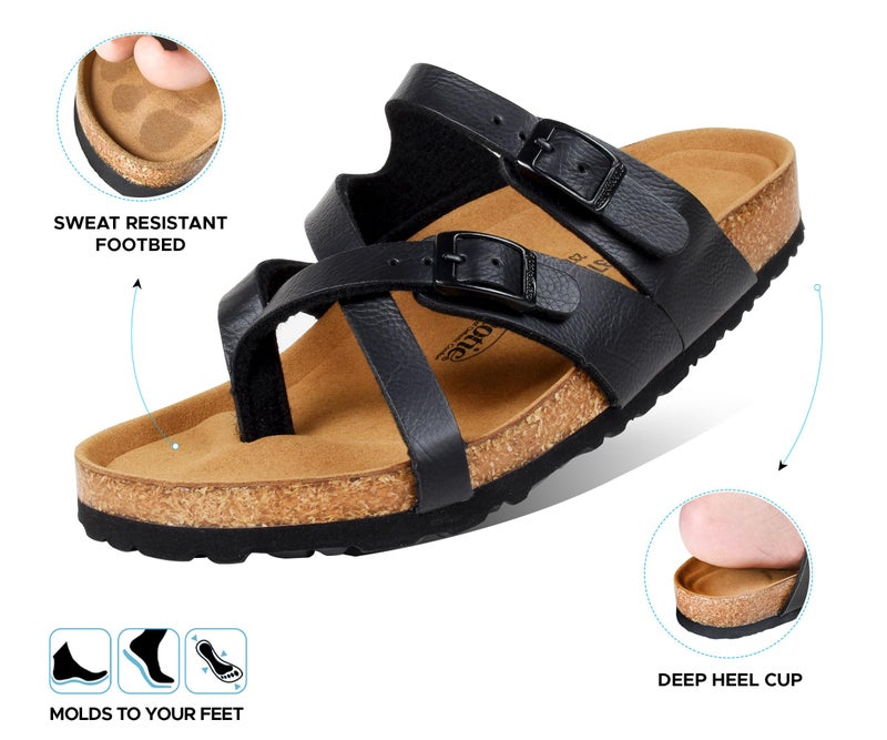 AEROTHOTIC Recovery Slides for Women Comfortable Memory Foam Cork Footbed Cute Faux Leather Adjustable Buckle Straps Walking Travel Outdoor women sandals (Celestis Black, Size 9) - Image 4