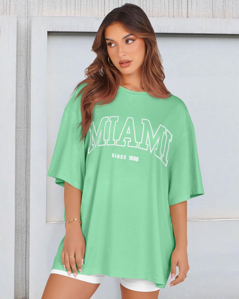 rosemia Oversized Tshirts for Women Summer Short Sleeve Round Neck Graphic Tee Shirt, Green Miami, 3XL - Image 4