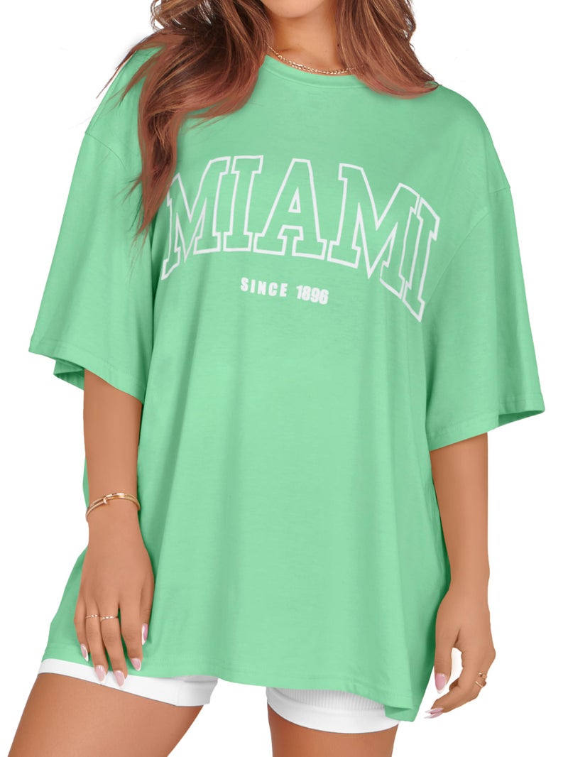 rosemia Oversized Tshirts for Women Summer Short Sleeve Round Neck Graphic Tee Shirt, Green Miami, 3XL - Image 1