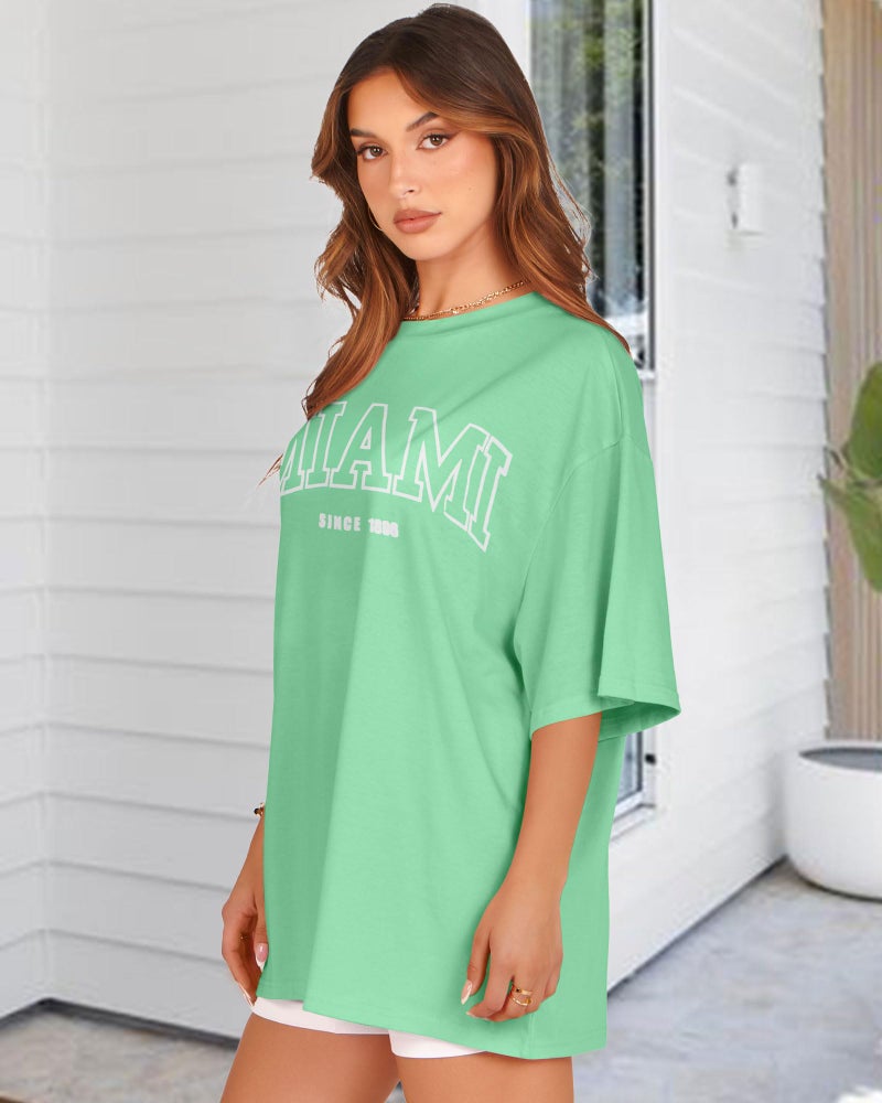 rosemia Oversized Tshirts for Women Summer Short Sleeve Round Neck Graphic Tee Shirt, Green Miami, 3XL - Image 5