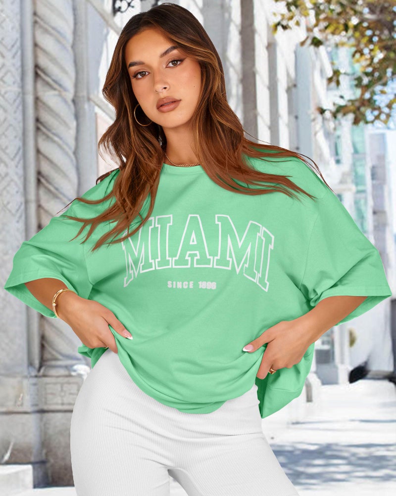 rosemia Oversized Tshirts for Women Summer Short Sleeve Round Neck Graphic Tee Shirt, Green Miami, 3XL - Image 3