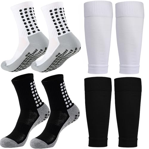 KMOLY 2 Set Kids Grip Soccer Socks and Shin Guard Sleeves for Age 7-14 Years Youth Boys Girls Children Football Basketball Training Matches - Image 1
