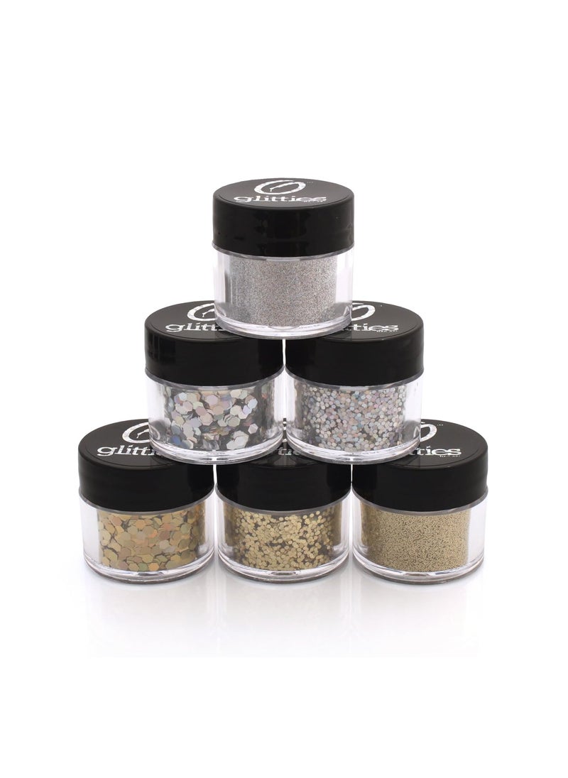 Glitties - (6PK) - Holographic Gold & Silver Glitter Kit - Solvent Resistant & Great for Nail Art Polish, Gels, Acrylics Supplies - Quality Glitter Made in the USA! - (60 Grams) - Image 1