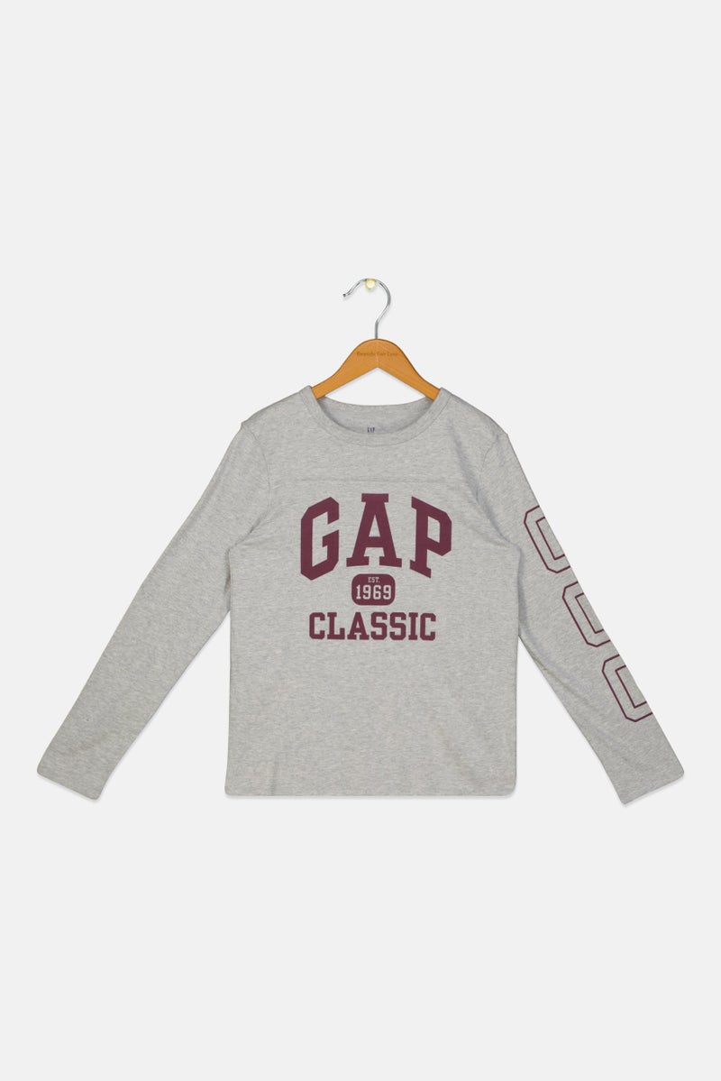 GAP Kids Boy Crew Neck Long Sleeve Graphic Print T-Shirt, Grey  - Image 1