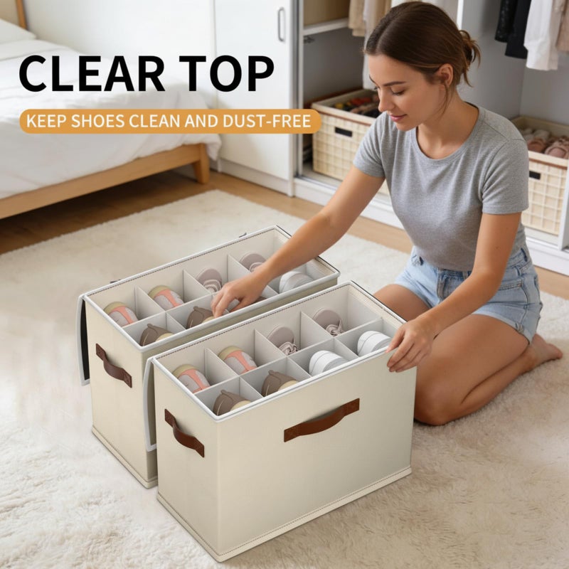 EE-RoomWorld 2 Pack Shoe storage Organizer for closet with wheels,Foldable Shoe boxes with premium waterproof materialï¼ŒAdjustable Dividers Fits 16 Pairs,shoe Storage Bins with Reinforced Handle (beige, 16pairs) - Image 4