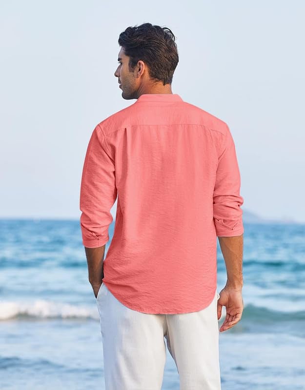 Macsivo Men's Cotton Blend Henley Short Kurta with Mandarin Collar Long Sleeeve Button Closure Curved Hem Regular Fit | Kurta for Men Stylish Peach - Image 2