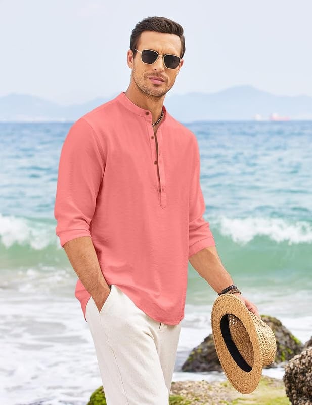 Macsivo Men's Cotton Blend Henley Short Kurta with Mandarin Collar Long Sleeeve Button Closure Curved Hem Regular Fit | Kurta for Men Stylish Peach - Image 5