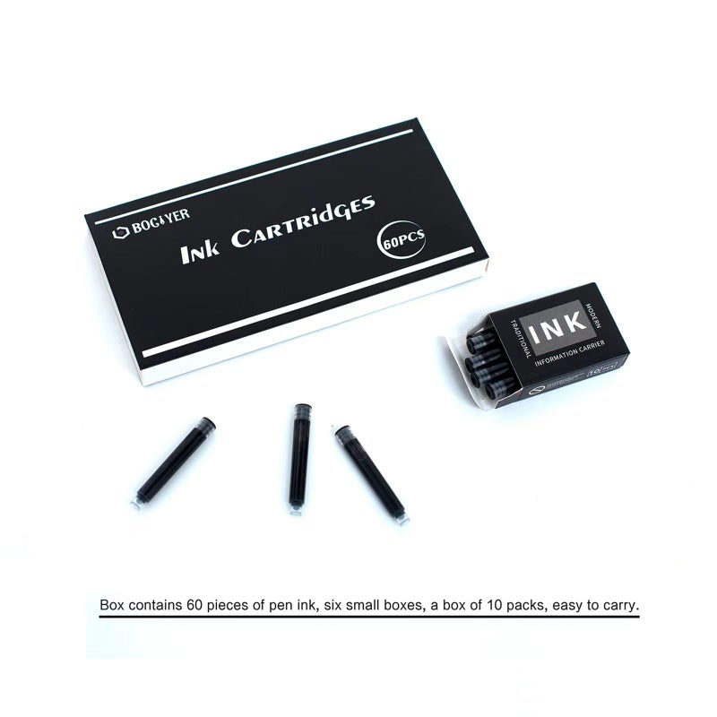 BOCIYER 60 Count Bociyer Fountain Pen Ink Refill Cartridges | Standard International Ink Cartridge | 2.6mm bore Diameter | Black Ink - Image 3