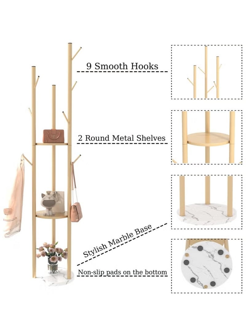 Generic Coat Racks Freestanding with 3 Storage Shelves, Metal Coat Racks Stand with 9 Hooks oat Hanger Stand and Heavy Marble Base, Entryway Coat Racks Tree Hanger, Purses Racks (Gold)  - Image 3