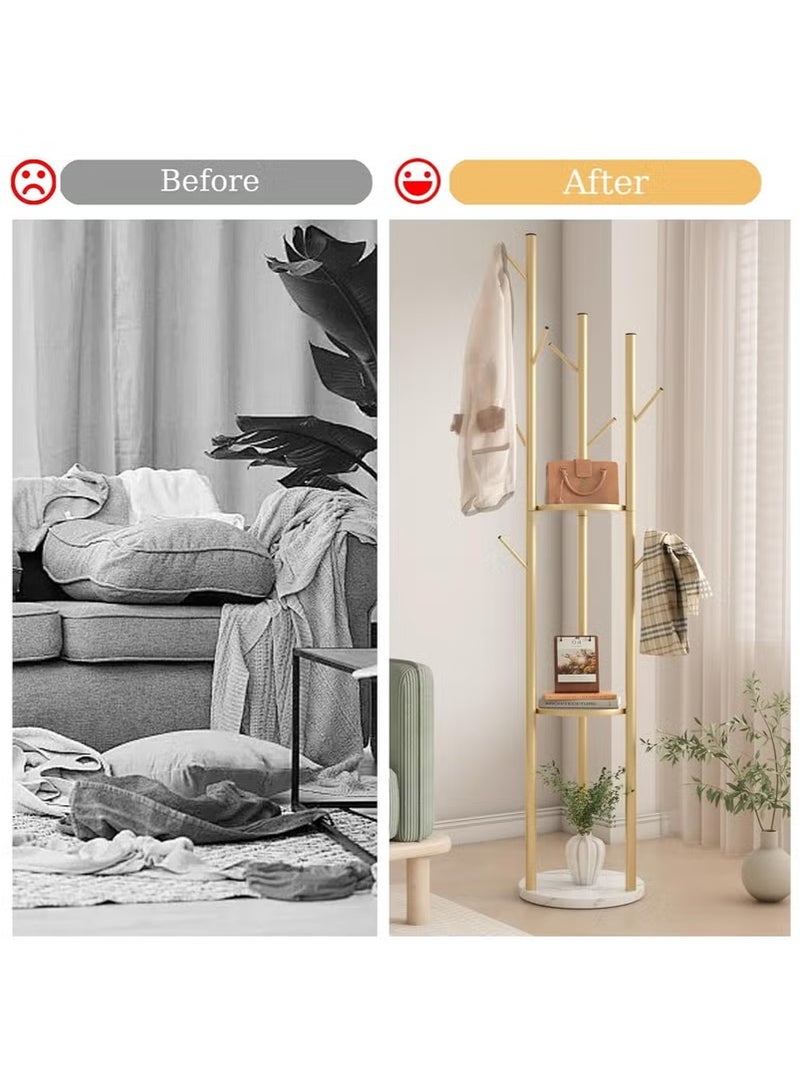 Generic Coat Racks Freestanding with 3 Storage Shelves, Metal Coat Racks Stand with 9 Hooks oat Hanger Stand and Heavy Marble Base, Entryway Coat Racks Tree Hanger, Purses Racks (Gold)  - Image 4